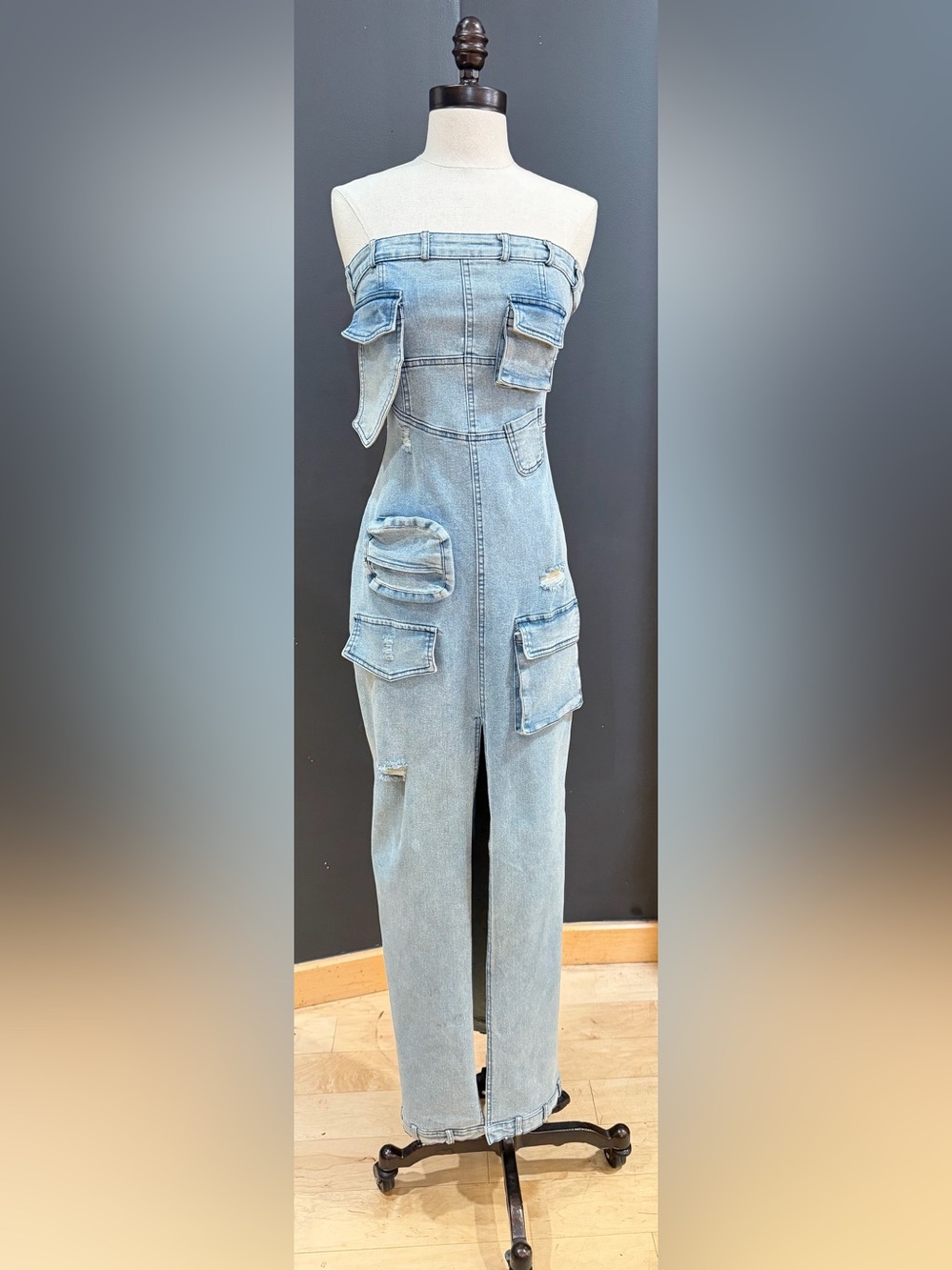 Light Blue Women's Cargo Tube Top Denim Dress